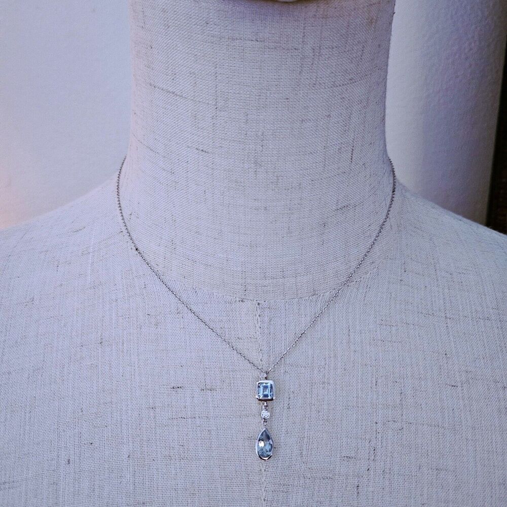 $4000 Tiffany & Co. 18k WG 1.59ctw Aquamarine & Diamond Lariat Pendant Necklace - Picture 7 of 8